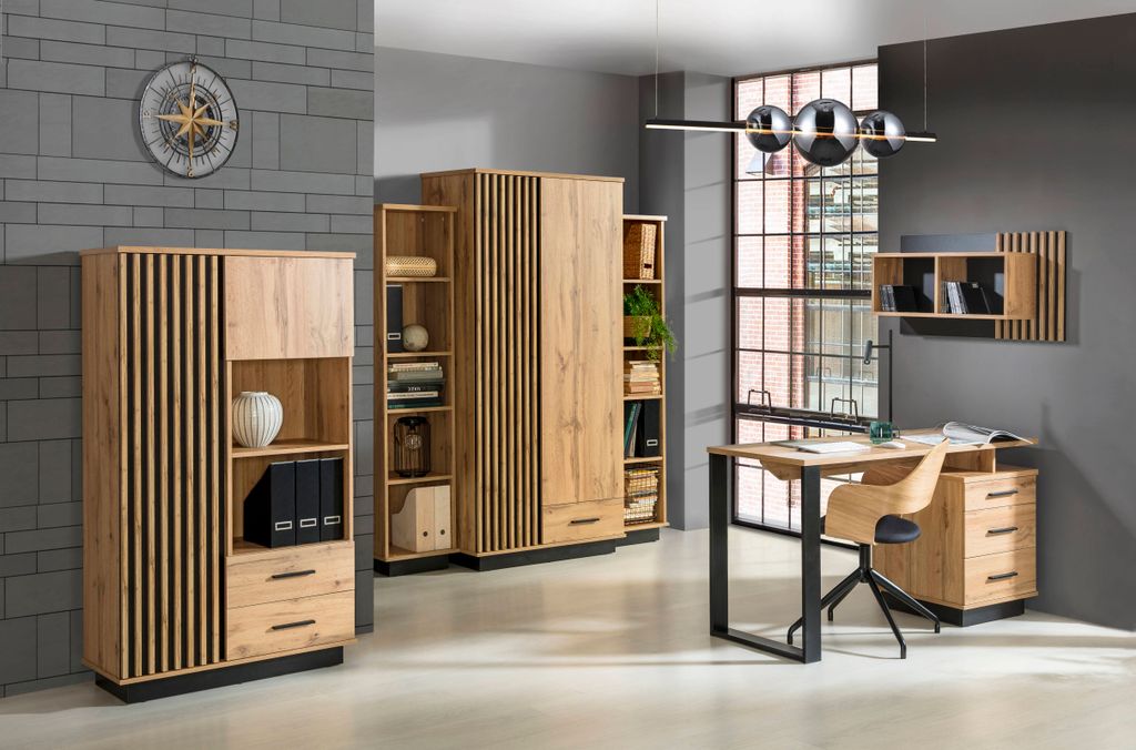 Büro Lamelo 6 teilig Büromöbel Komplett Set in Eiche Wotan Produktbild 