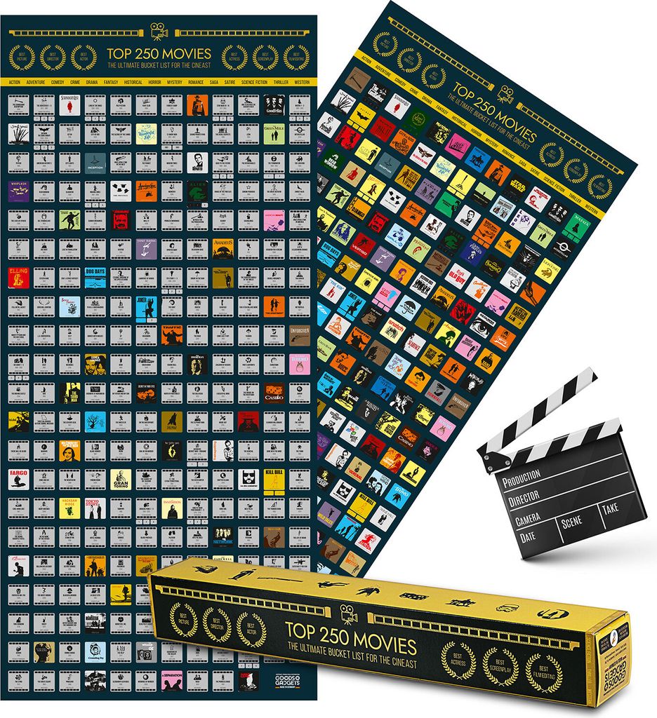 A top 250 movies bucket list poster and its packaging, along with a clapperboard.