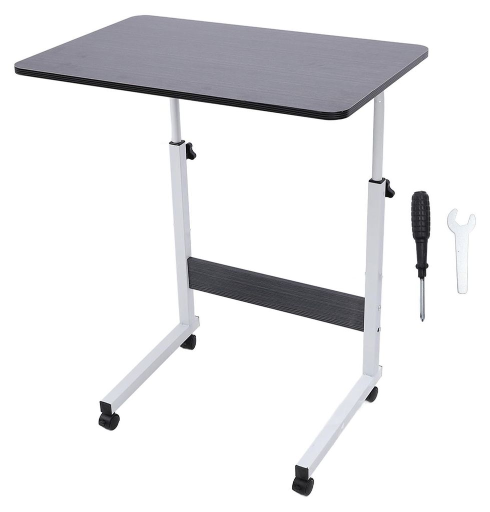 Overbed Table with Wheels Wooden Height Adjustment Mobile Standing Desk Rolling Laptop Cart C Shaped End Table for Hospital Home Use Black