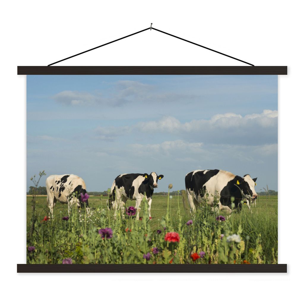MuchoWow Textilposter Kuh - Blumen - Gras - Tiere 60x45 cm mit schwarzem Rahmen - Poster Schlafzimmer