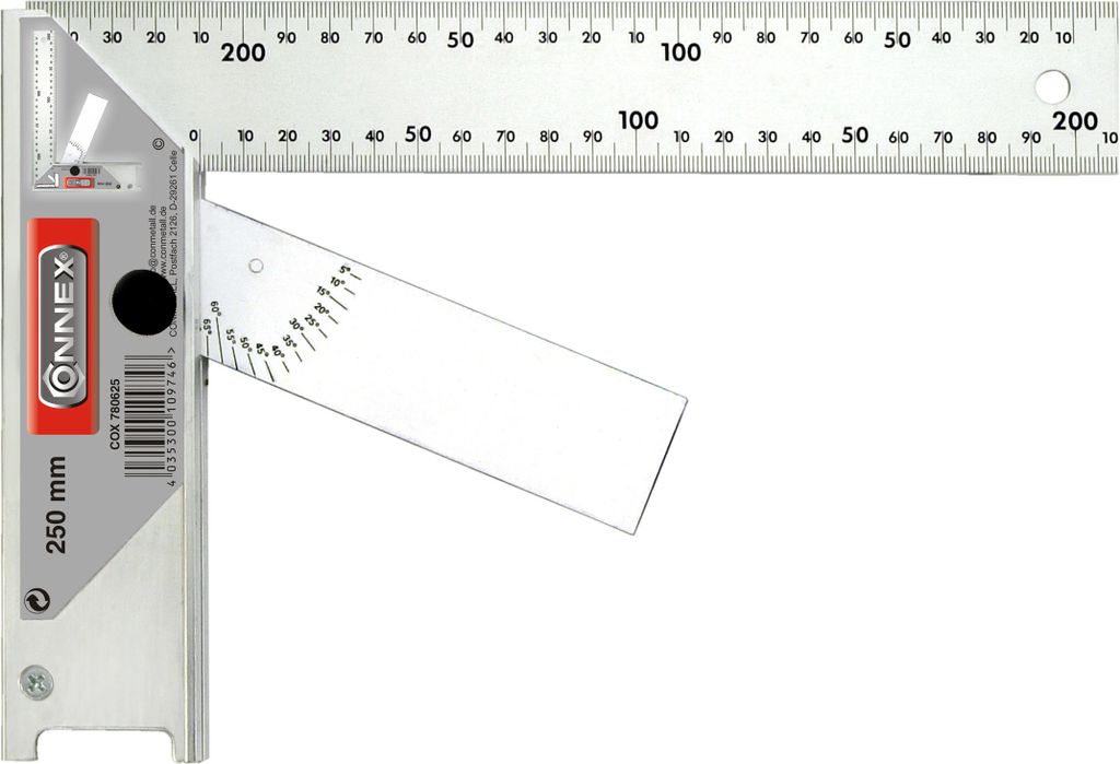 CONNEX Schreinerwinkel 250 mm, eloxiertes Aluminium, mit Anschlag und einstellbarer Zunge, COX780625