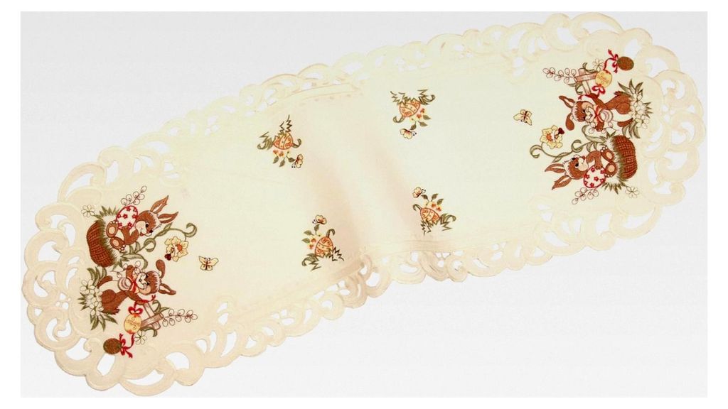 Tischläufer Ostern Häschen Ostereier Stickerei Ecru Creme Leinen Optik ca. 38 x 109 cm Oval