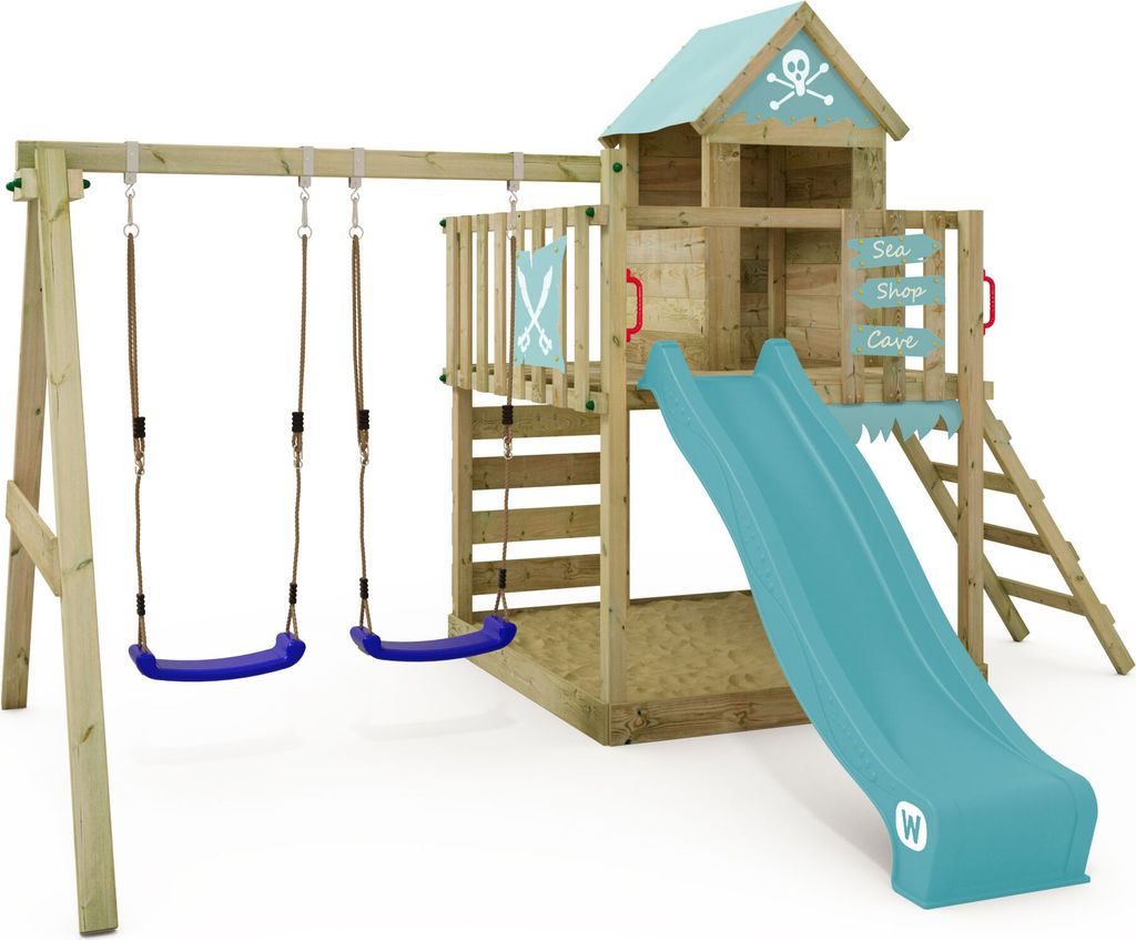 WICKEY Spielturm Klettergerüst Smart Cave mit Schaukel & Rutsche, Baumhaus mit Sandkasten, Kletterleiter & Spiel-Zubehör – pastellblau