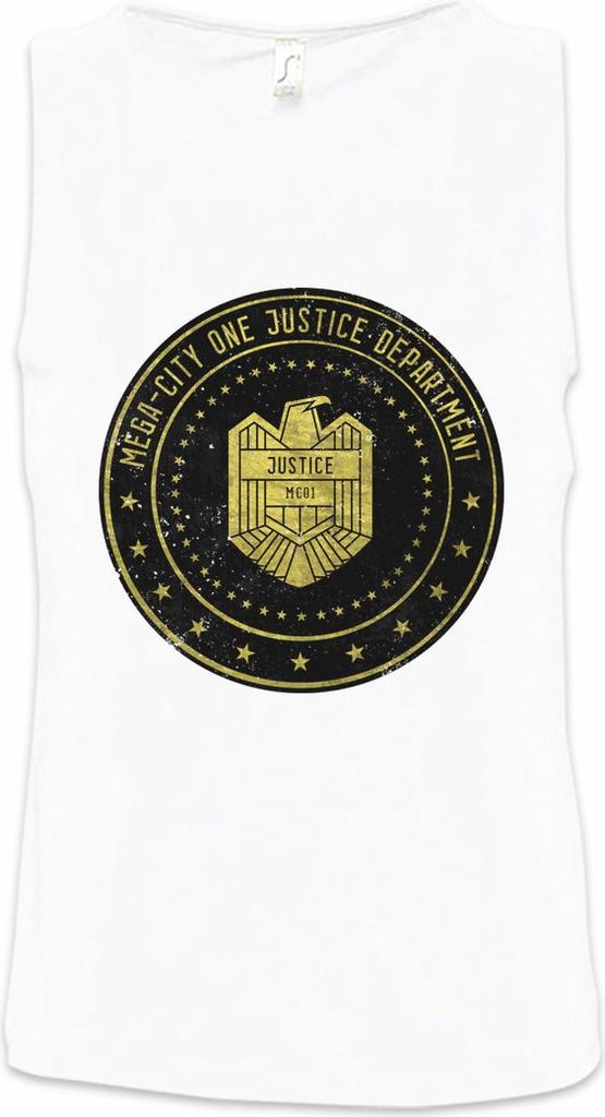 Urban Backwoods Mega City One Justice Dept Logo II, Ärmelloses T-Shirt, Farbe: Weiß, Größe: L