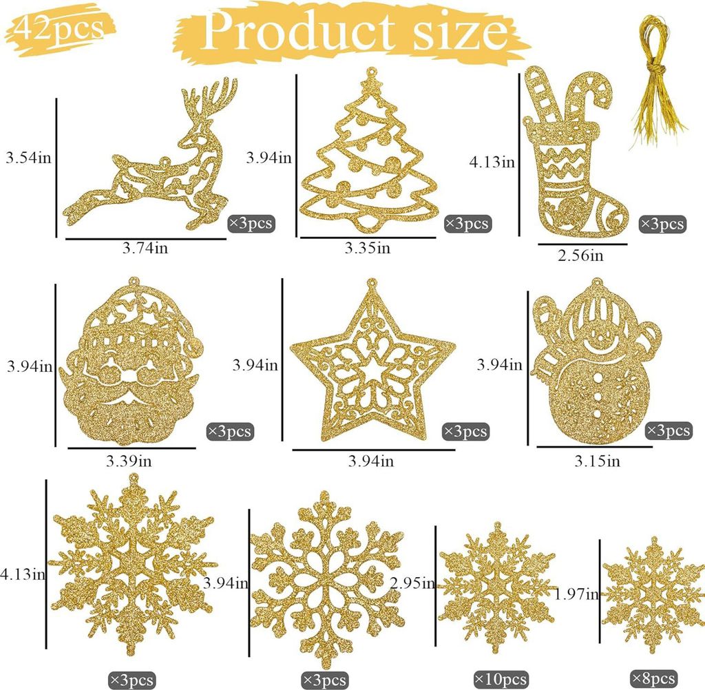 42 Stück Weihnachtsschneeflocken-Ornament, Glitzer-Schneeflocken-Hängedekoration, Weihnachtsbaum-Anhänger für Winterbaum, Fenster, Türdekoration