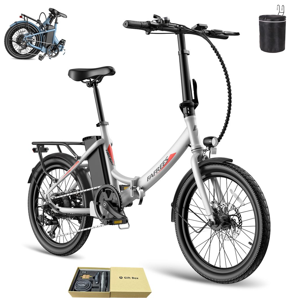 A silver electric bicycle with accessories, presented on a white background.