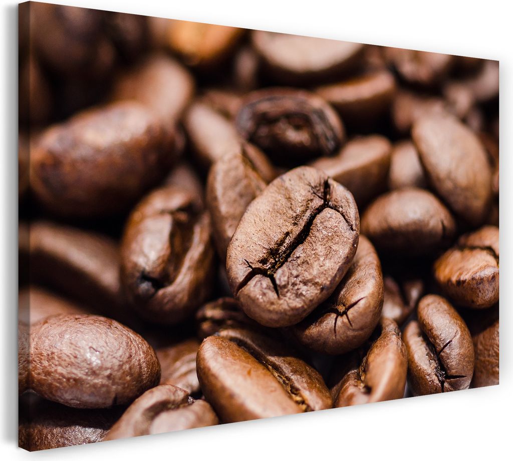 Leinwandbild (120x80cm): Essensbilder Kaffee Cappuccino Kaffeebohnen in Nahaufnahme, echter Holz-Keilrahmen inkl. Aufhänger, handgefertigt in Deut...