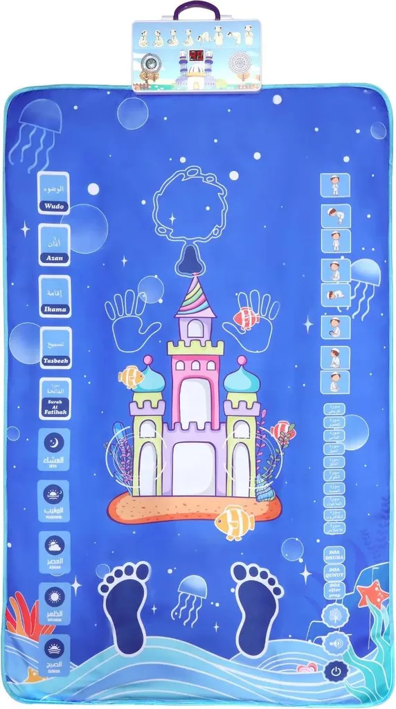 Tappeto da preghiera, design interattivo educativo, funzioni sensibili al tocco, blu