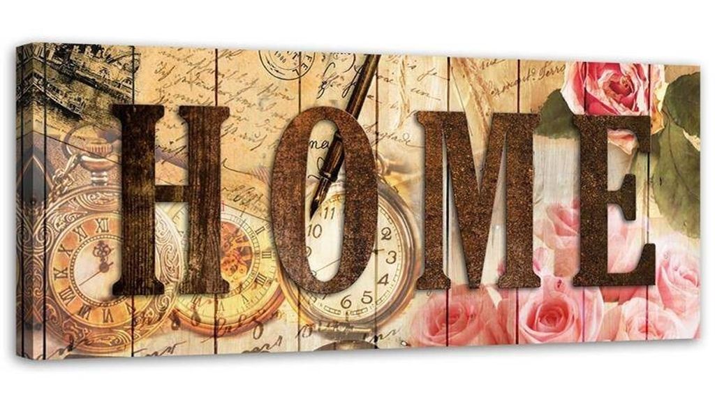 Leinwandbild hausschrift retro-uhren buchstaben und blumen 90x30 cm Feeby braun wandbild bereit zum aufhängen