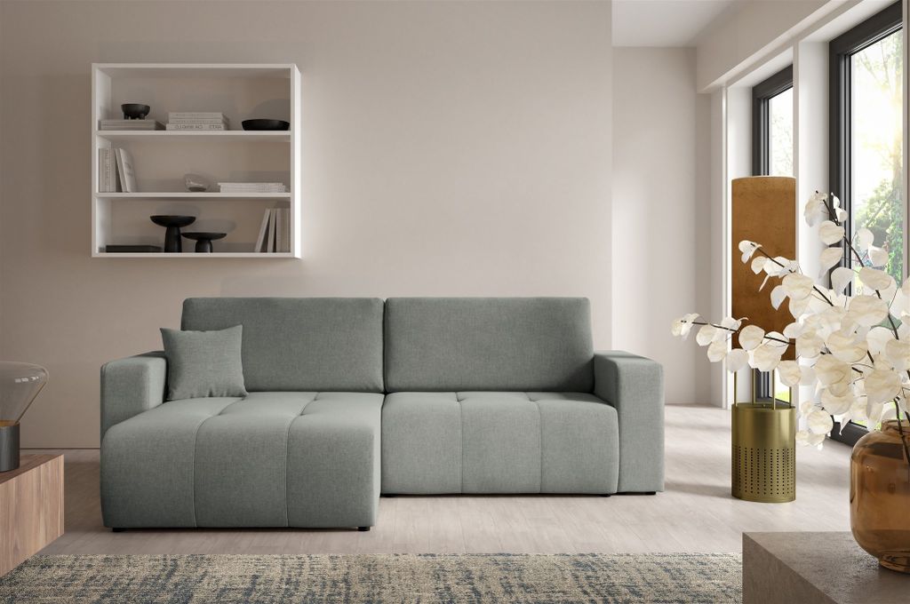 Ecksofa Sofa mit Schlaffunktion AUGUSTO in Stoff Wind Grau Ottomane Links