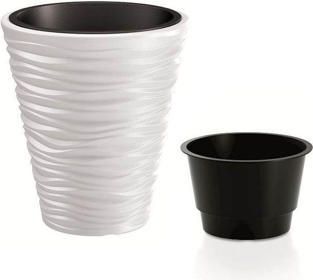 A white textured planter with a black insert and a separate black pot are shown against a white background.