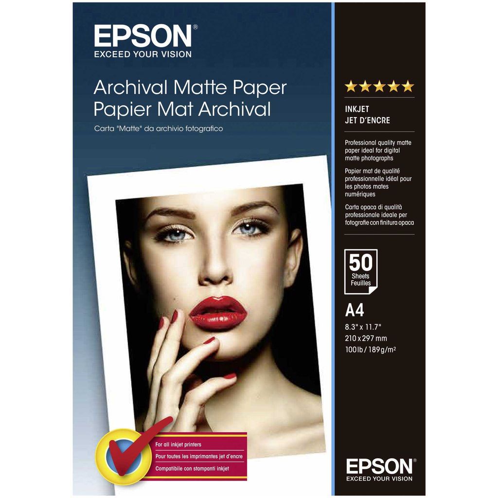 The image shows the packaging of Epson Archival Matte Paper, featuring a portrait of a woman with striking red lipstick and nails.