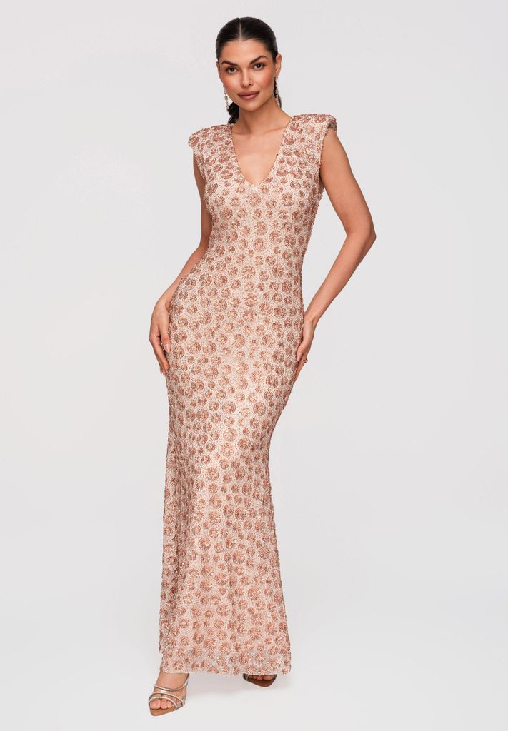 LARICA Maxi Abendkleid Figurbetont mit Pailletten & Stickerei LA-OM-DLR341 beige S