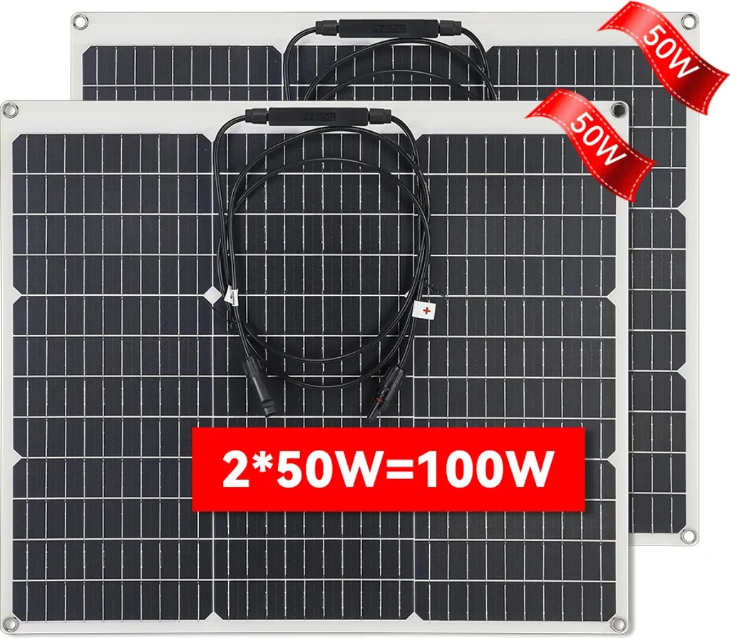 Pannello solare flessibile, potenza di uscita 100 W, alta efficienza, 50 W (2 pezzi) = 100 W