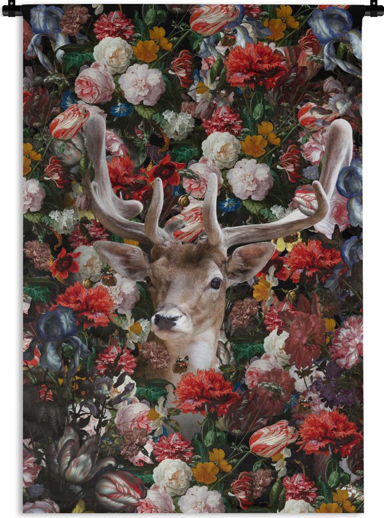 MuchoWow Wandteppich Wandbehang Hirsche - Blumen - Geweihe 90x135 cm Tapisserie Dekoration Wandtuch - Baumwolle - Wandskulptur
