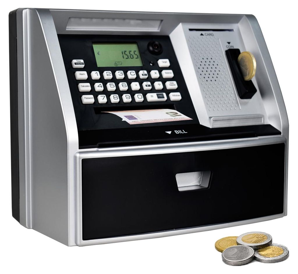 Sparschwein mit Euro-Münzerkennung, LCD-Display und Zielverfolgungsfunktion, schwarz/silber.