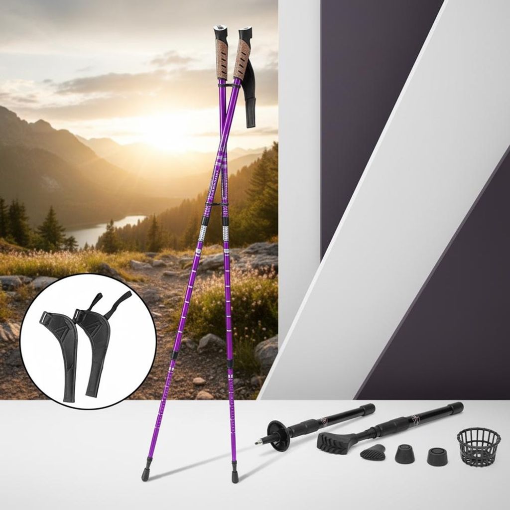 A pair of purple Nordic walking poles are shown in a natural outdoor setting with a sunset in the background. Additional accessories for the poles are displayed on a white surface in the foreground.