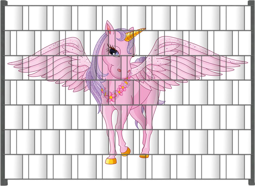 Wallario Zaunsichtschutz mit Motiv Rosa Einhorn mit großen Flügeln für Ein- und Doppelstabmatten Zäune in der Größe 200 x 140 cm