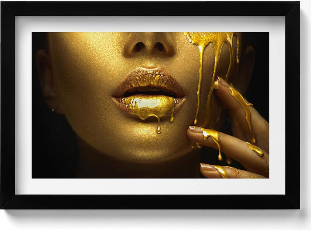 Gesicht und Mund einer Frau in Gold– Wandbild mit Rahmen – Gerahmtes Bild – Wanddekoration – 30x20 cm – Schwarz Rahmen