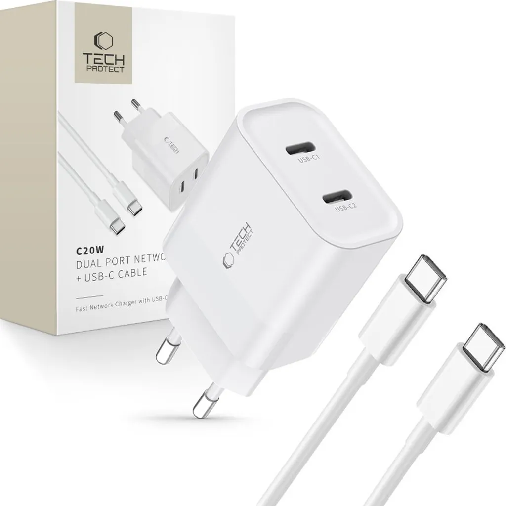 Tech-Protect C20W Caricabatterie 2 Porte USB-C PD20W + Cavo Bianco