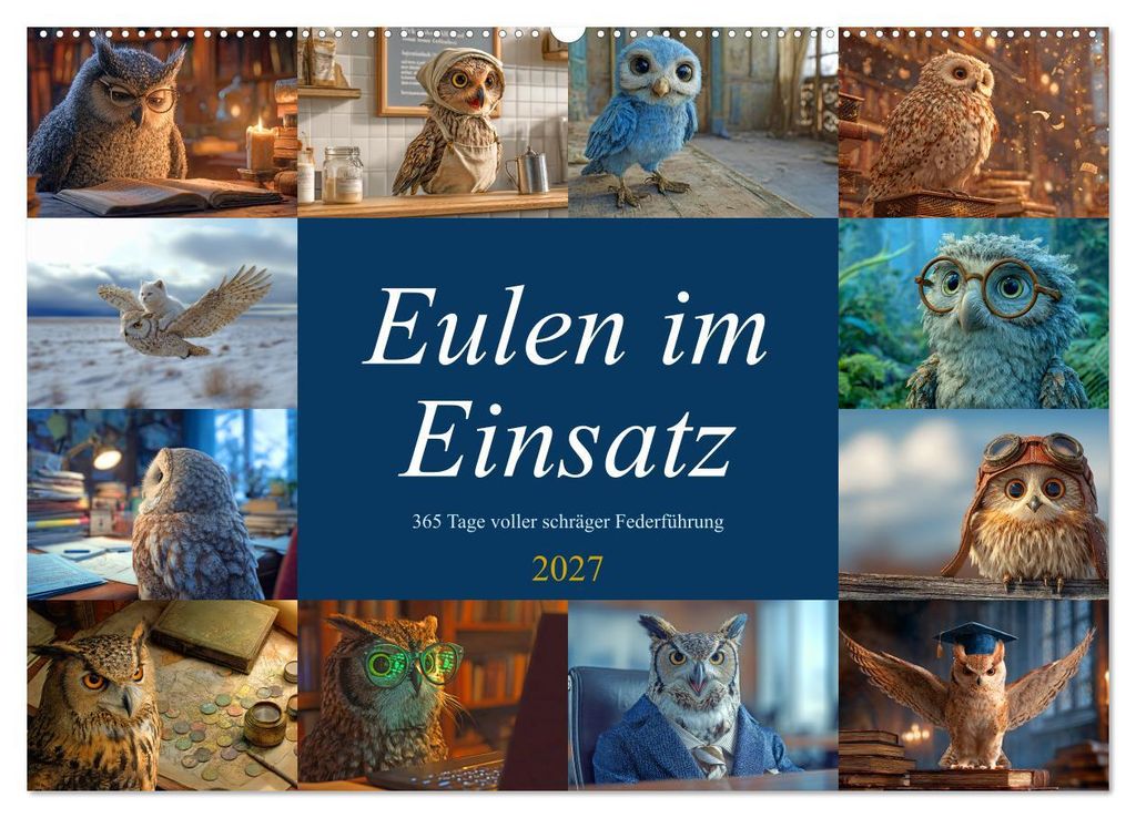 Eulen im Einsatz - 365 Tage voller schräger Federführung (Wandkalender 2027 DIN A2 quer), CALVENDO Monatskalender
