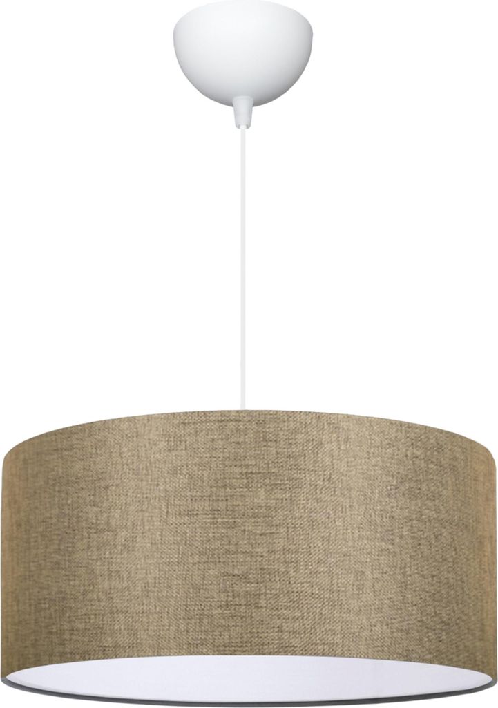 A pendant lamp with a beige fabric shade and a white ceiling mount.