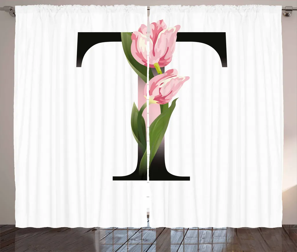 ABAKUHAUS Lettera T Tenda rustica, giardino primaverile Flora T, camera da letto Tenda con passanti e ganci, 280 x 175 cm, rosa pallido verde nero