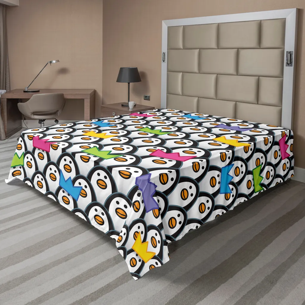 Drap de dessus imprimé manchots et couronnes, parure de lit XXL 260x228 cm
