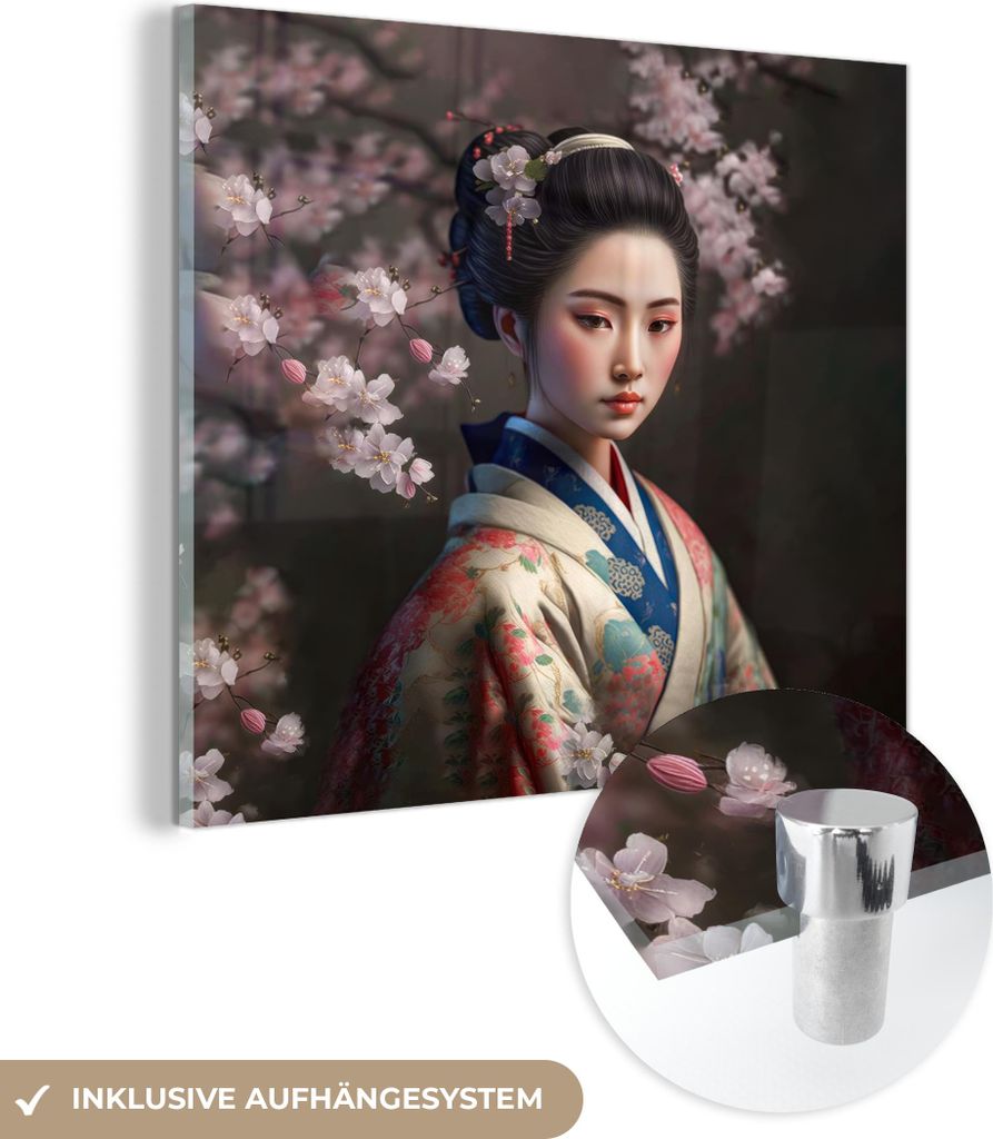 MuchoWow Glasbilder - Bilder auf Wandbild - Foto auf Glas Frau - Sakura - Kimono - Asiatisch - Porträt 90x90 cm Wanddekoration aus Glas - Acrylgla...