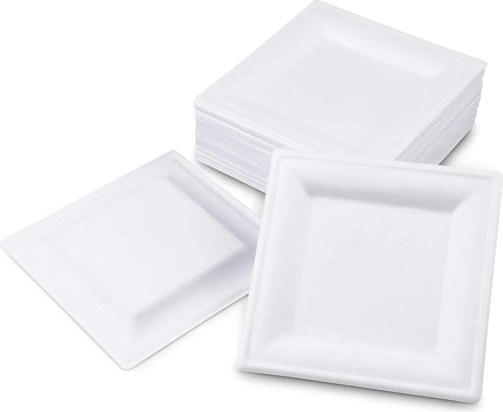 Assiette carrée biodégradable en canne à sucre blanche - Lot de 50