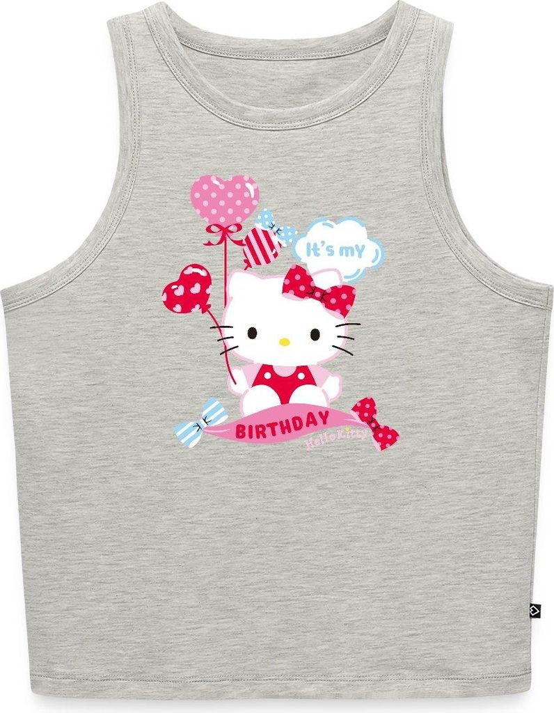 Spreadshirt Hello Kitty Mit Ballons Mein Geburtstag Cropped Frauen Organic Tank Top, XL, Grau meliert
