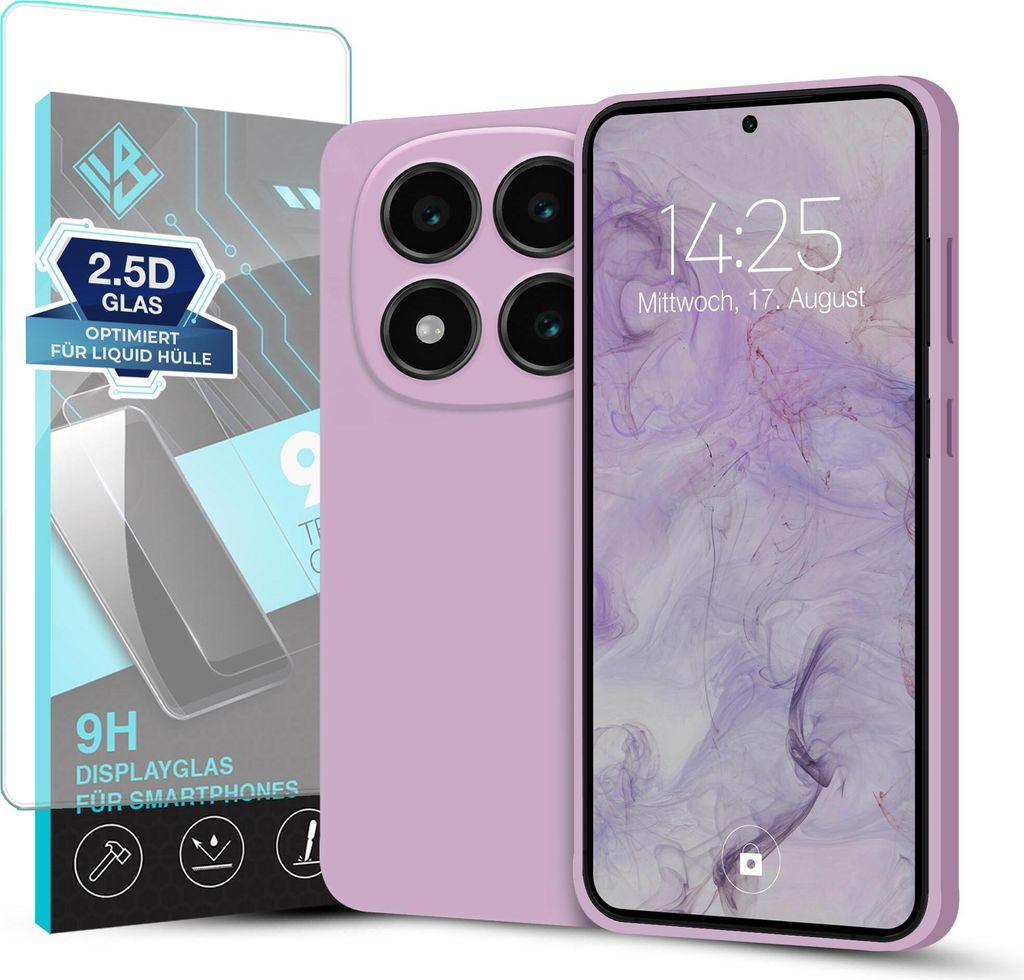 Hülle für Xiaomi Redmi Note 14 Pro mit 9H Displayglas Displayschutz Plus Case Cover Bumper Silikon Softgrip Schutzhülle Farbe: Lila