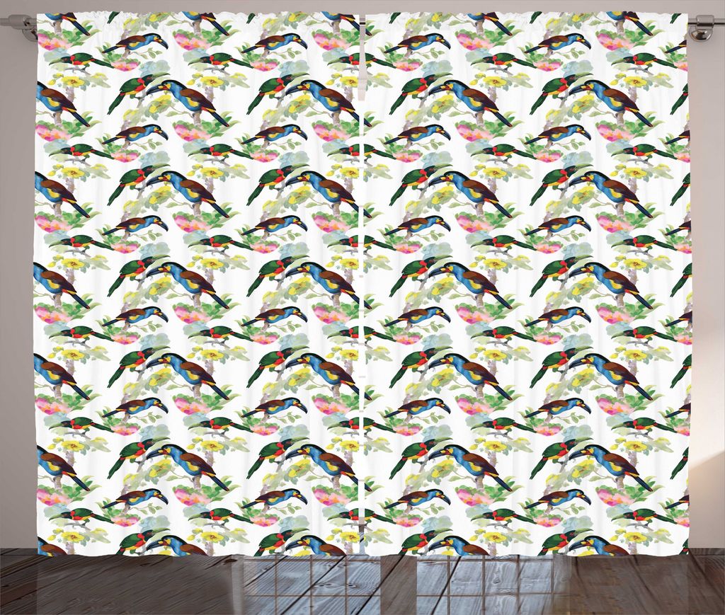 ABAKUHAUS Exotisch Rustikaler Gardine, Tukane auf Tropical Flora, Wohnzimmer Universalband Gardinen mit Schlaufen und Haken, 280 x 225 cm, Mehrfarbig