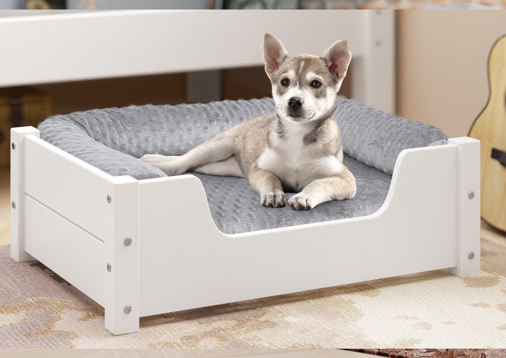 Gemütliches Tierbett für Katzen und Hunde 60x40 Kiefer weiß V-30.32-W-60x40Rollrost inkl.