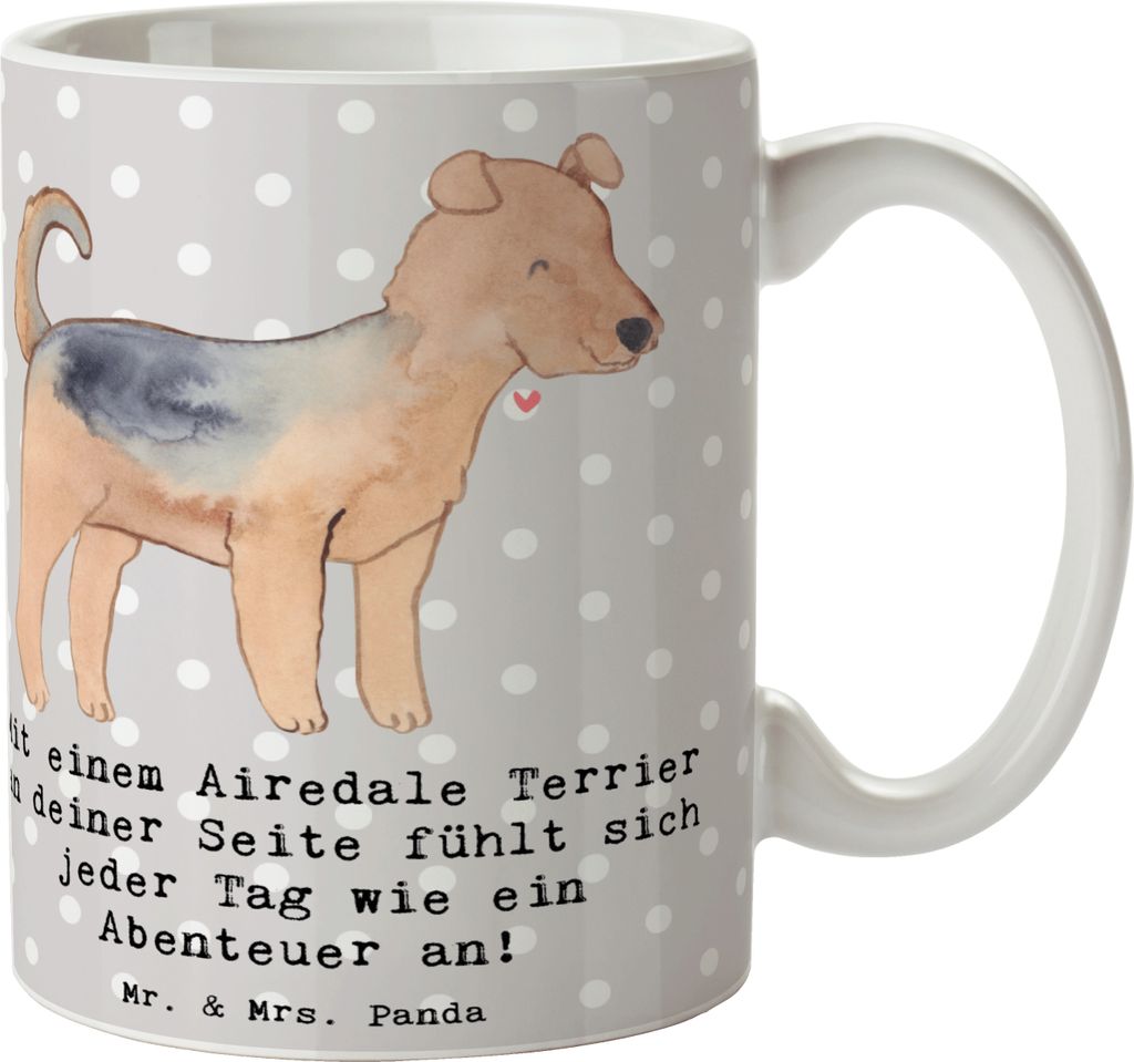 Mr. & Mrs. Panda Kaffeebecher Airedale Terrier Abenteuer - Grau Pastell - Geschenk, Jagdhund, Wachhund, aktiver Hund, Hunderassen, Hunderasse, Kaff...