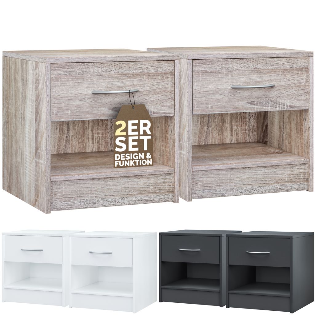 CASARIA Nachttisch 2er Set mit Schublade & Ablagefach Holz Eiche 41x39x28 cm, Nachtschrank Schlafzimmer Bett Nachtkästchen, moderne Kommode, ein...