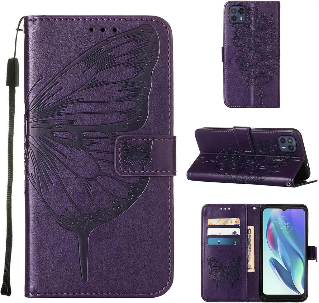 Custodia Artigianale in Pelle per Motorola Moto G50 5G - Viola Farfalla
