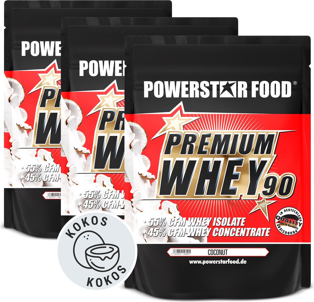 Powerstar PREMIUM WHEY 90 | 90% Protein i.Tr. | Whey-Protein-Pulver 3x850 g | 55% CFM Whey Isolat & 45% CFM Konzentrat | Eiweiß-Pulver Coconut