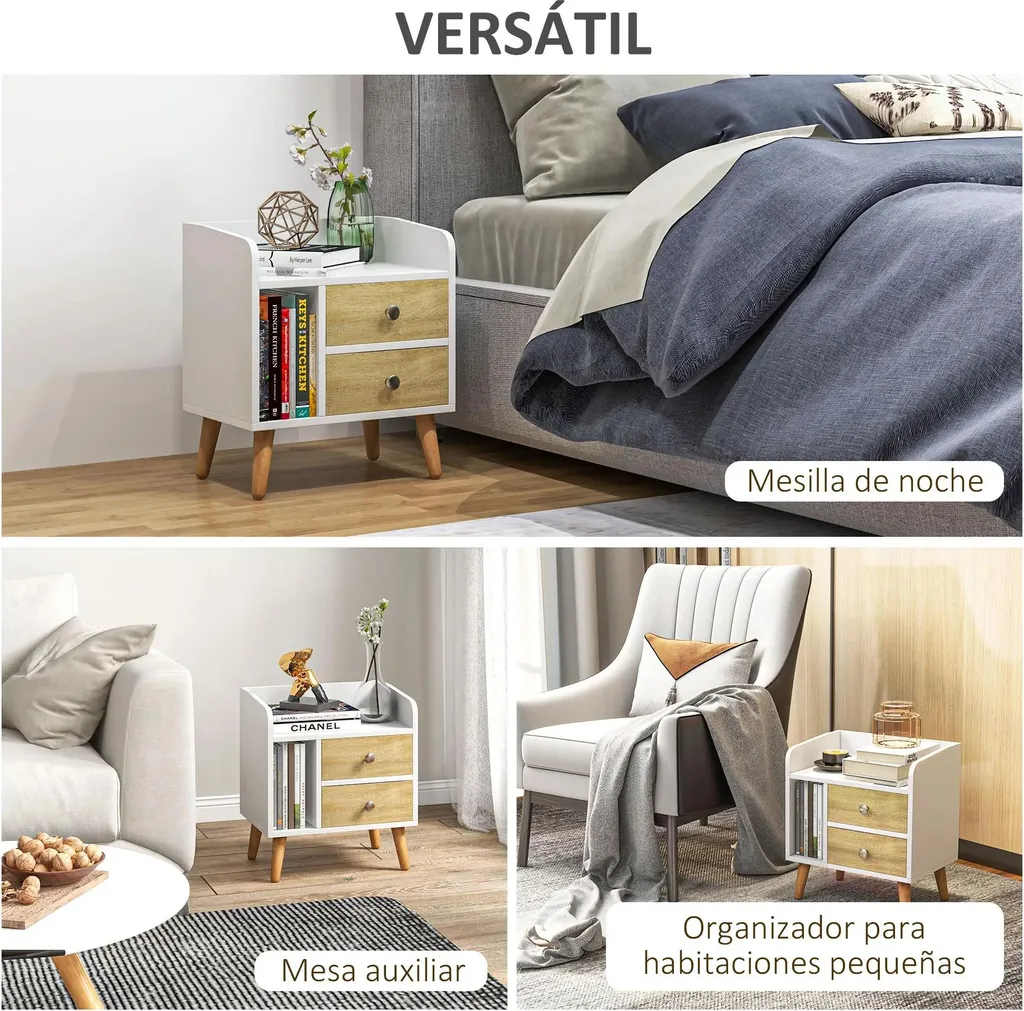 Table de nuit compacte pour petite chambre blanche 2 tiroirs et étagère