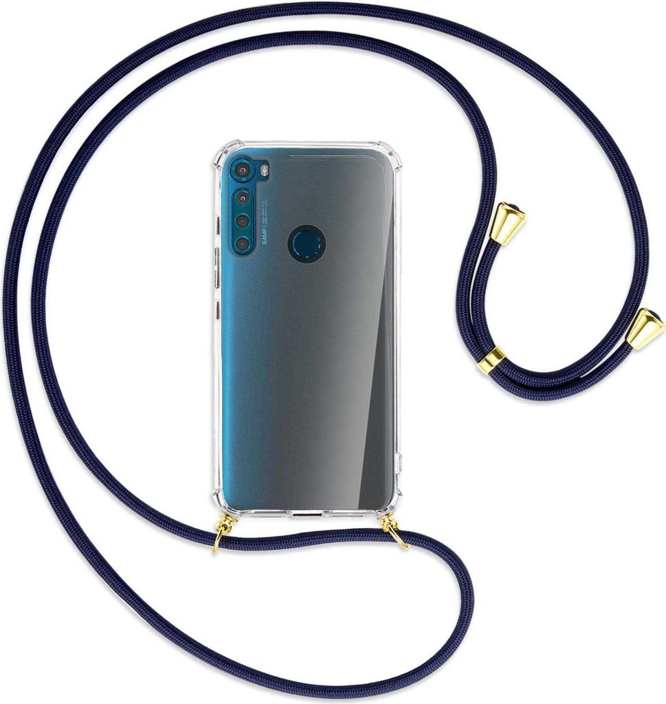 Handykette Backcover-Schutzhülle mit Band (Metall goldfarben) für Motorola One Fusion Plus - dunkelblau