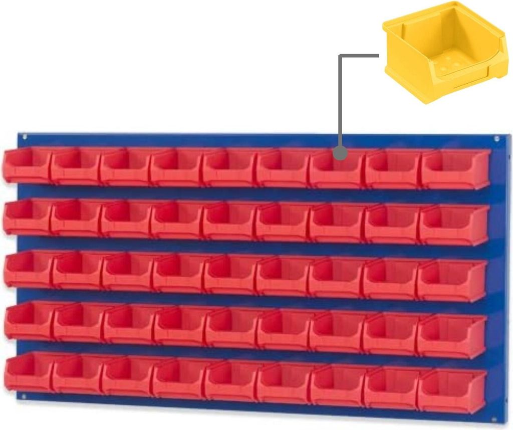 Trägersystem Blaue Systemplatte mit 45x gelben Sichtlagerboxen 1.0 | Maße HxB 50x100cm | Sichtlagerbox, Sichtlagerbehälter, Sichtlagerkasten