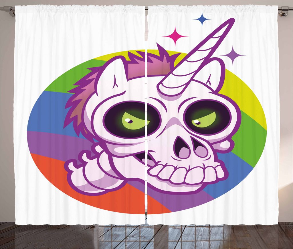 ABAKUHAUS Gekritzel Rustikaler Gardine, Cartoon Einhorn Design, Schlafzimmer Kräuselband Vorhang mit Schlaufen und Haken, 280 x 225 cm, Mehrfarbig