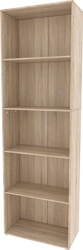 A tall, empty bookshelf with five shelves.