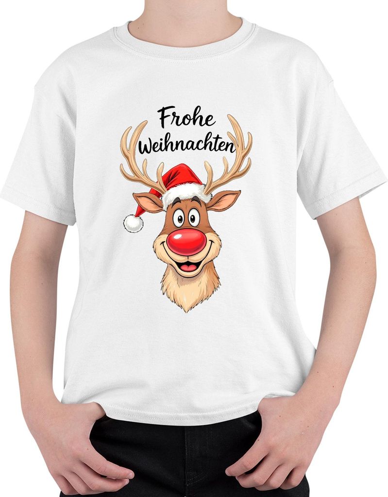 Frohe Weihnachten Rentier Rudolph Rotnase Nikolaus Mütze Lustig Uni Kinder T-Shirt, Weiß, 128