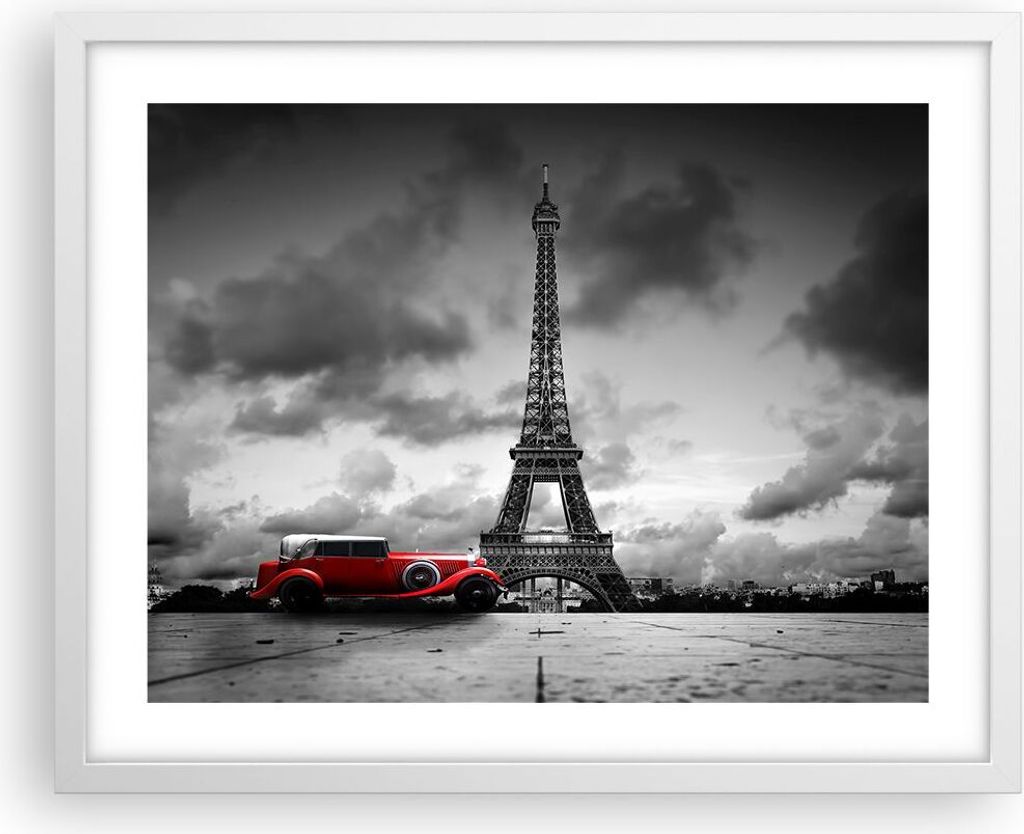 Gerahmtes Poster - Weißer Rahmen - Auto Eiffle Paris Stadt - 50x40 cm - Wand Bild - Wanddeko - Wandbilder - Kunstposter - Wandposter - Bilderrahme...