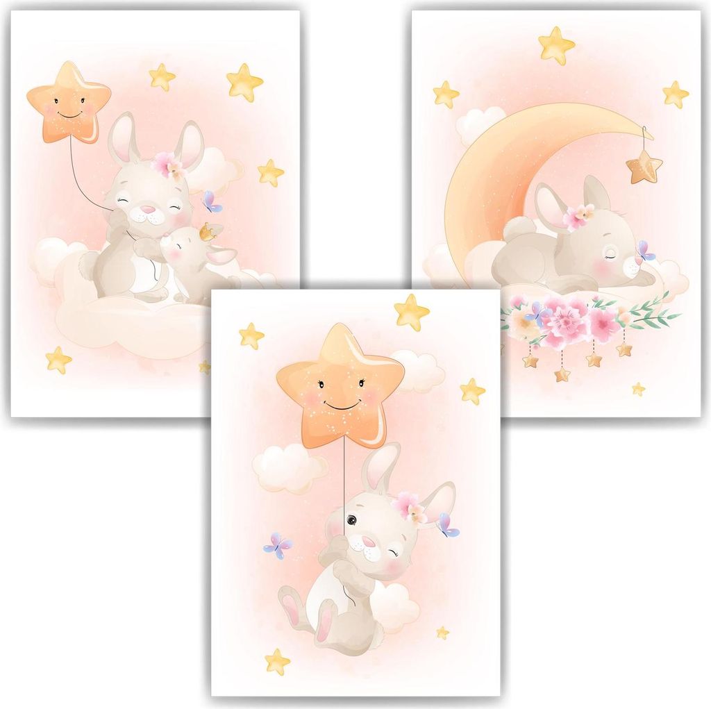 3er Set Poster für Kinderzimmer Bilder Babyzimmer Babyparty Kinderposter Hase – DIN A4 (21x29.7cm)