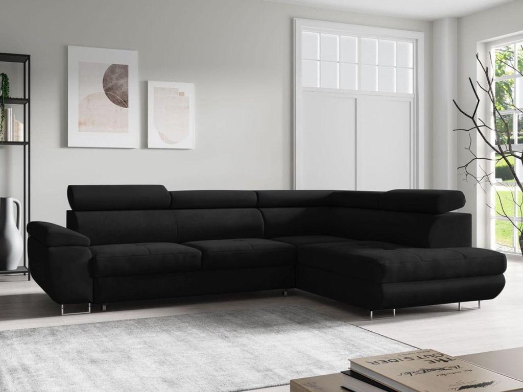 FurniDe24 Ecksofa L-Form Aron Rechts - Moderne Ecksofa, Wohnzimmer Sofa - Eckcouch Schwarz (Kronos 07)