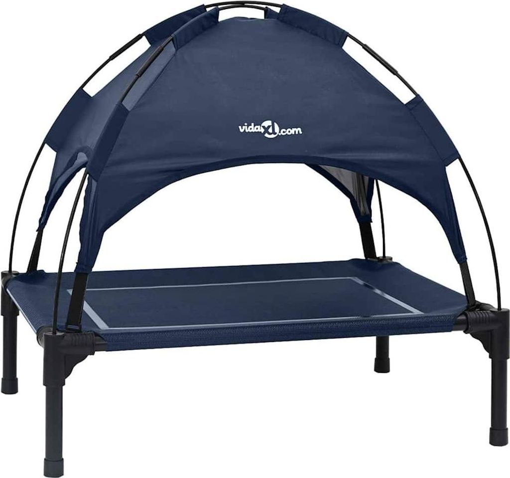 A navy blue dog bed with a canopy, shown on a white background.