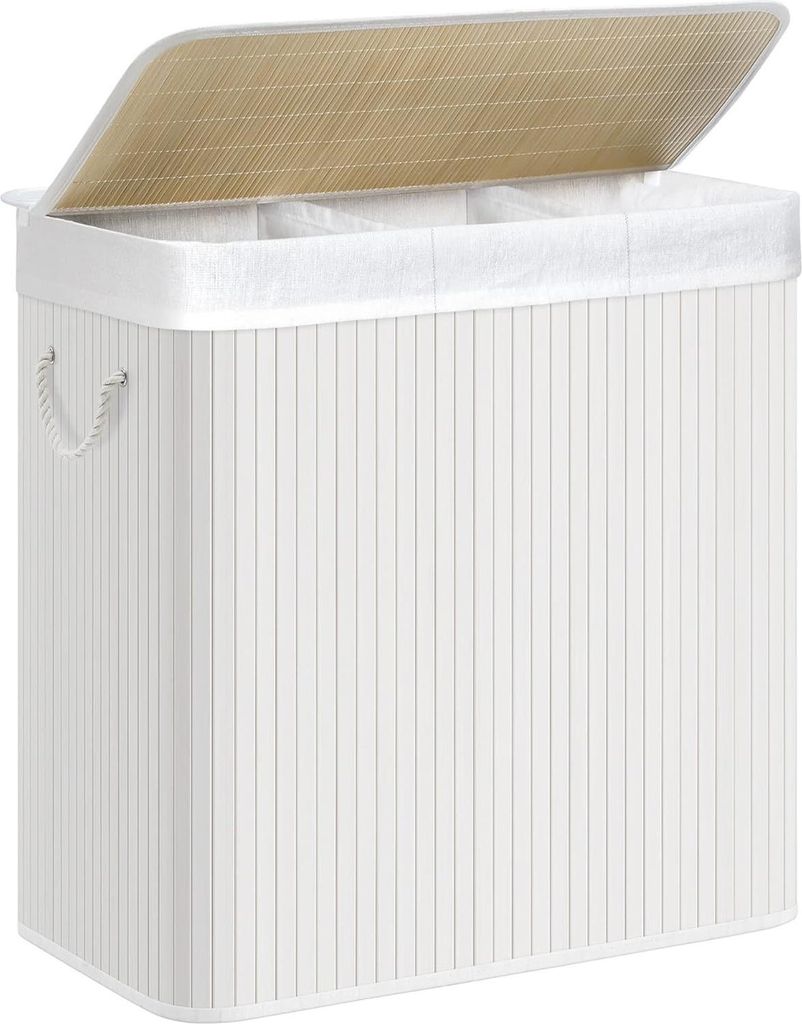 A white bamboo laundry basket with a lid is shown from a slightly angled front view.