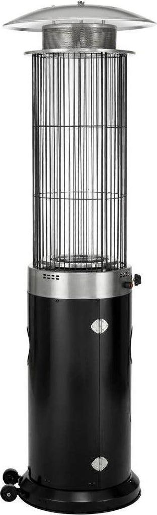 A black and silver patio heater on a white background.